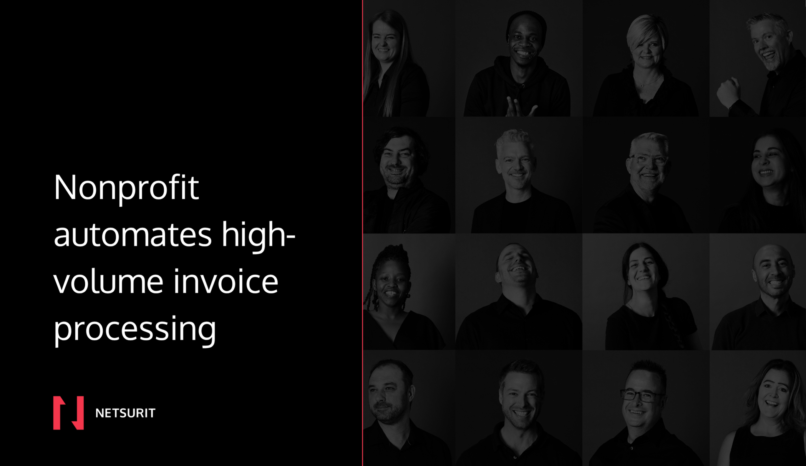 Hero banner with the headline “Nonprofit automates high-volume invoice processing” on a black background and the Netsurit logo at the bottom left; to the right is a grayscale collage of portrait photos.