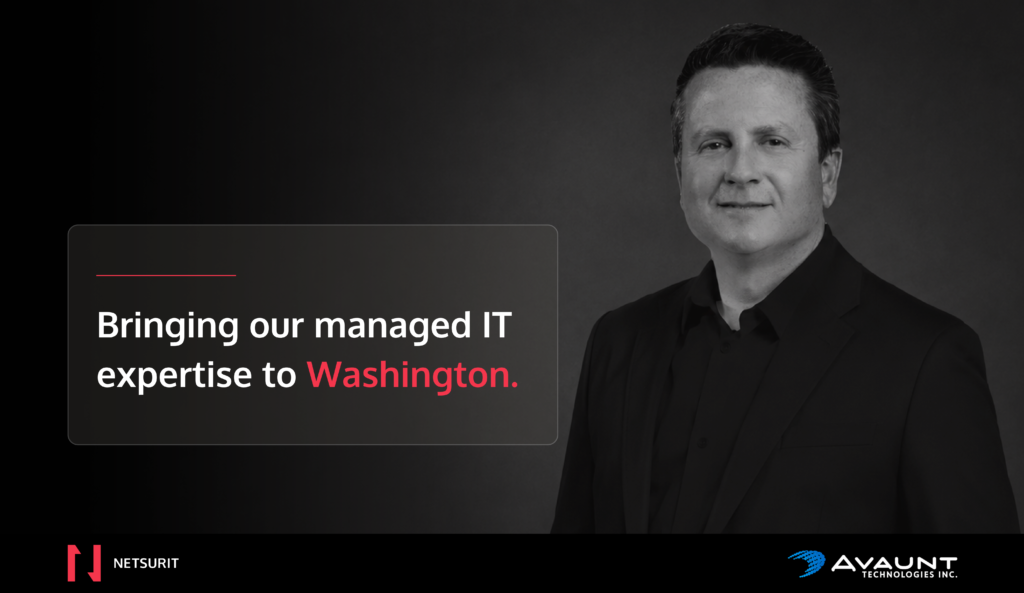 Black-and-white portrait of a man in a suit beside a dark banner reading 'Bringing our managed IT expertise to Washington.'