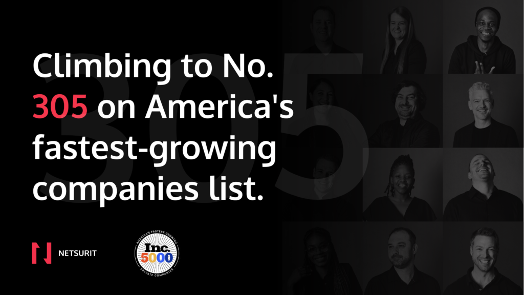Hero banner announcing 'Climbing to No. 305 on America's fastest-growing private companies list' with a grid of grayscale portraits on the right.