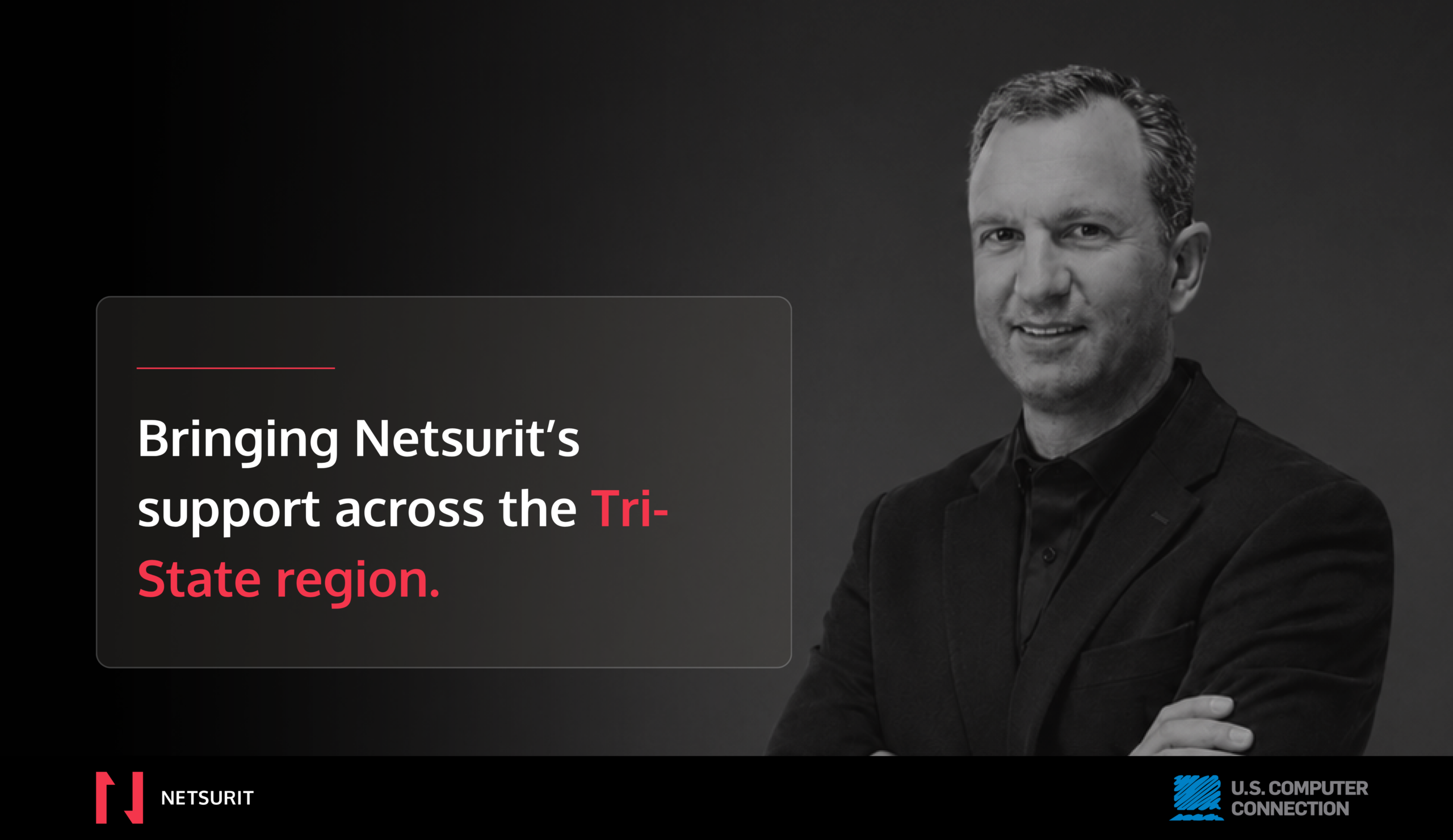 Black-and-white hero image of a man in a suit with a text overlay about Netsurit's Tri-State support and logos at the bottom.