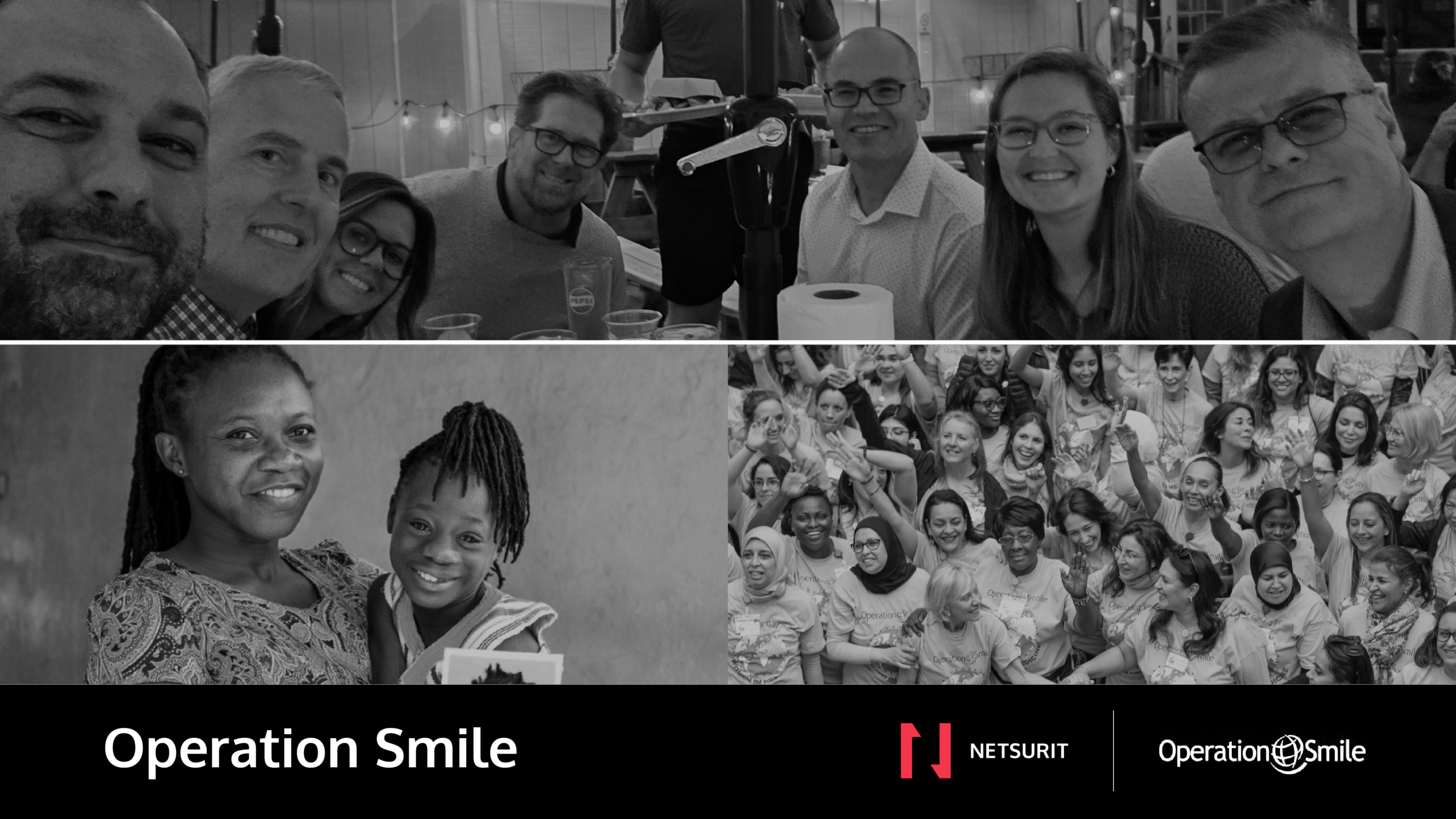 Diverse group of smiling volunteers in a collage for Operation Smile, with logos at the bottom (Netsurit and Operation Smile).
