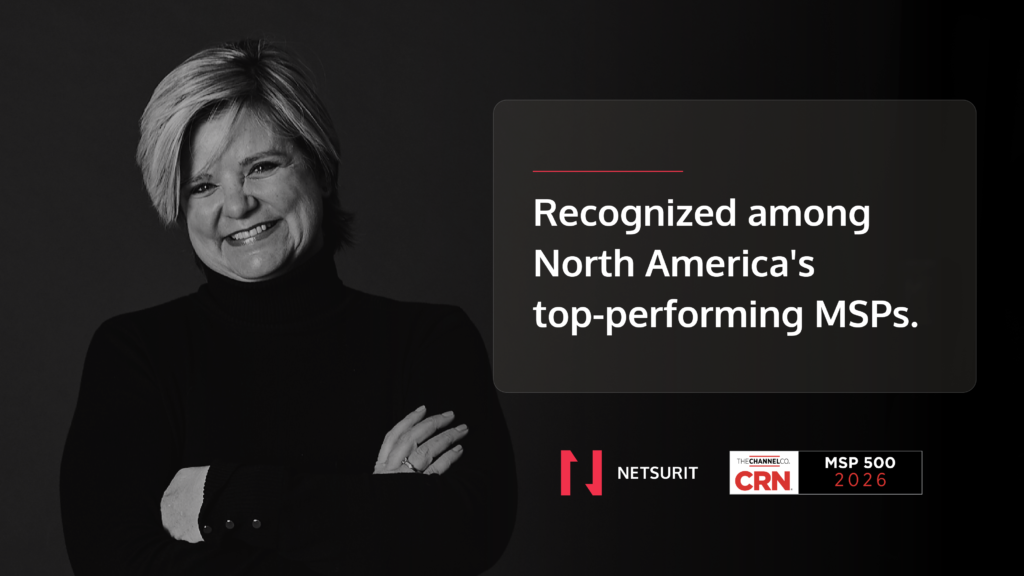 Black-and-white portrait of a smiling woman on the left with a dark overlay card reading 'Recognized among North America's top-performing MSPs' on the right.