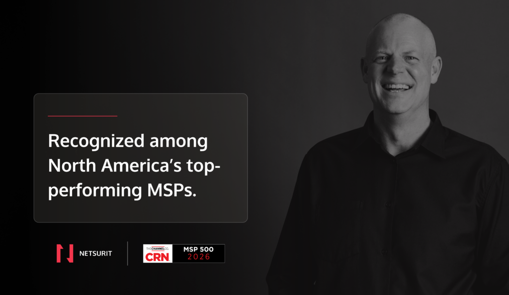Smiling man in grayscale on the right with a dark rounded panel on the left that says 'Recognized among North America's top-performing MSPs' and logos at the bottom left.
