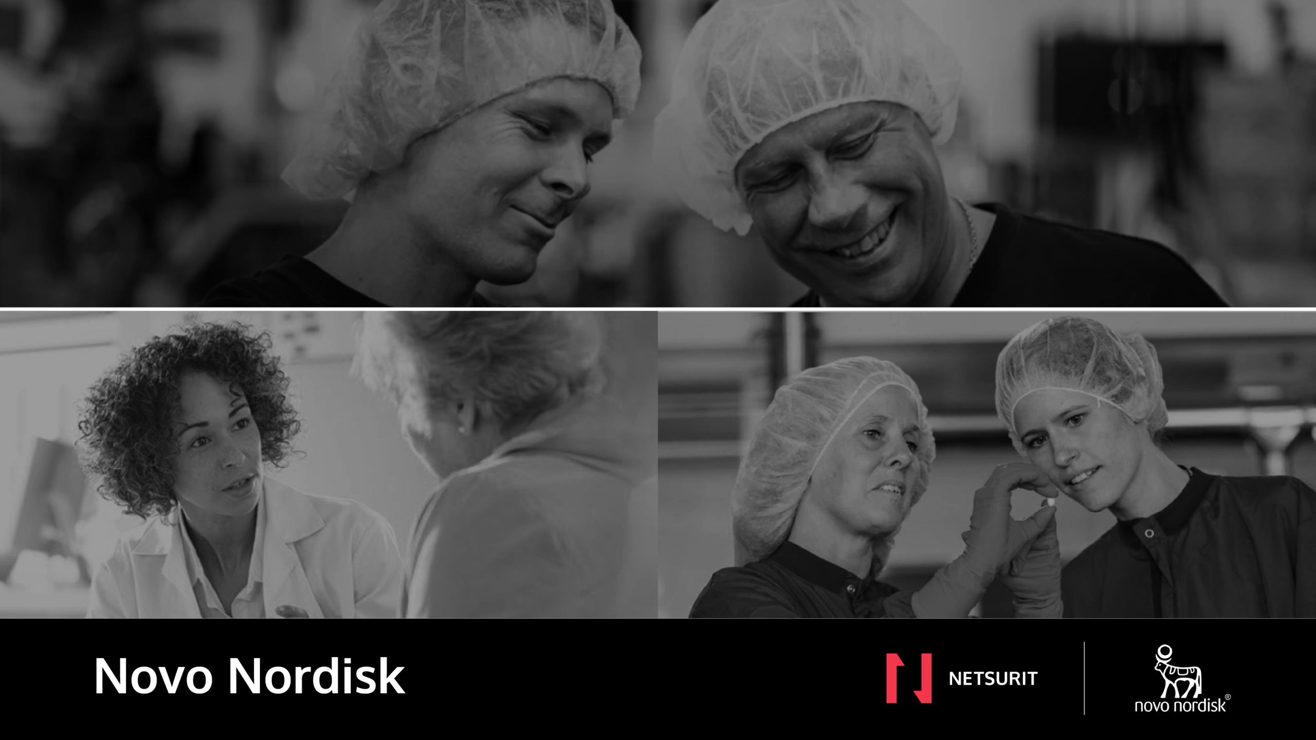 Collage of medical professionals in a lab wearing hairnets, collaborating around workstations, with Novo Nordisk and partner logos at the bottom.