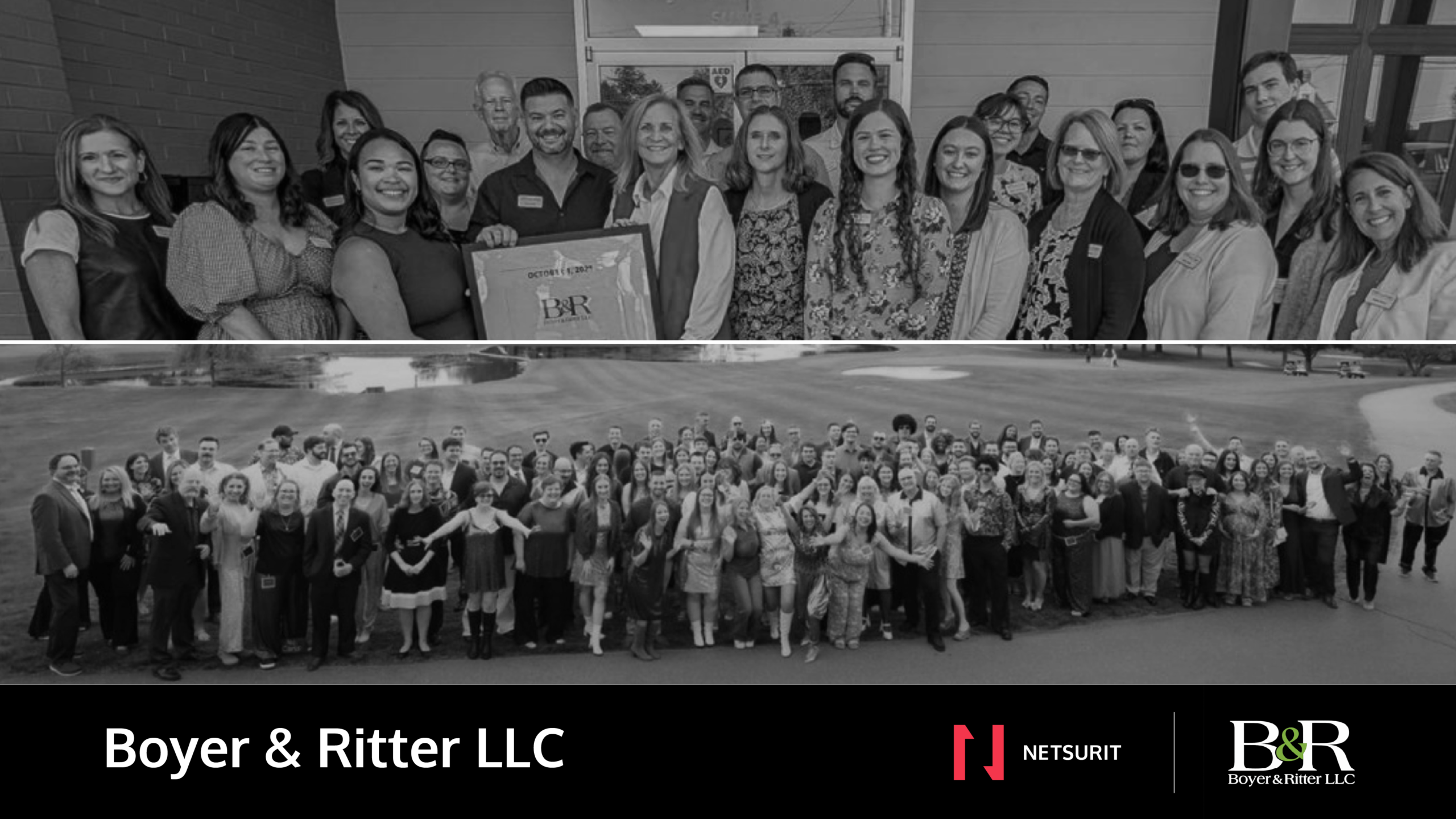 Black-and-white group photo of Boyer & Ritter LLC staff posing outside a building, with two rows of employees and a framed award in the front center.