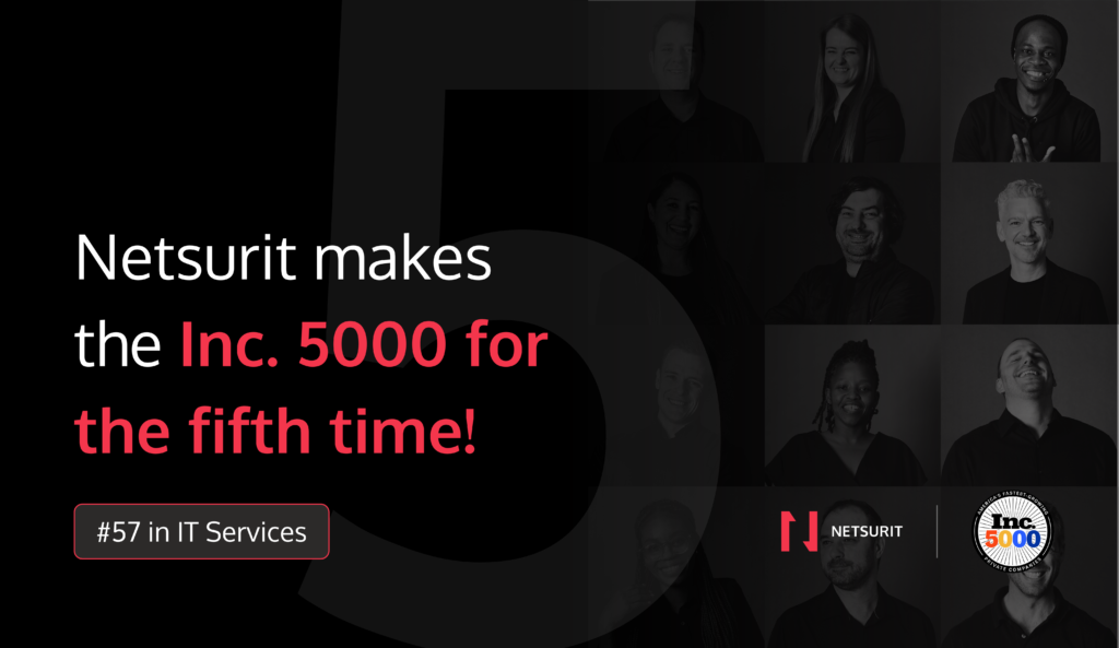 Hero banner: bold white and red text over a dark collage of headshots, announcing Netsurit makes the Inc. 5000 for the fifth time.
