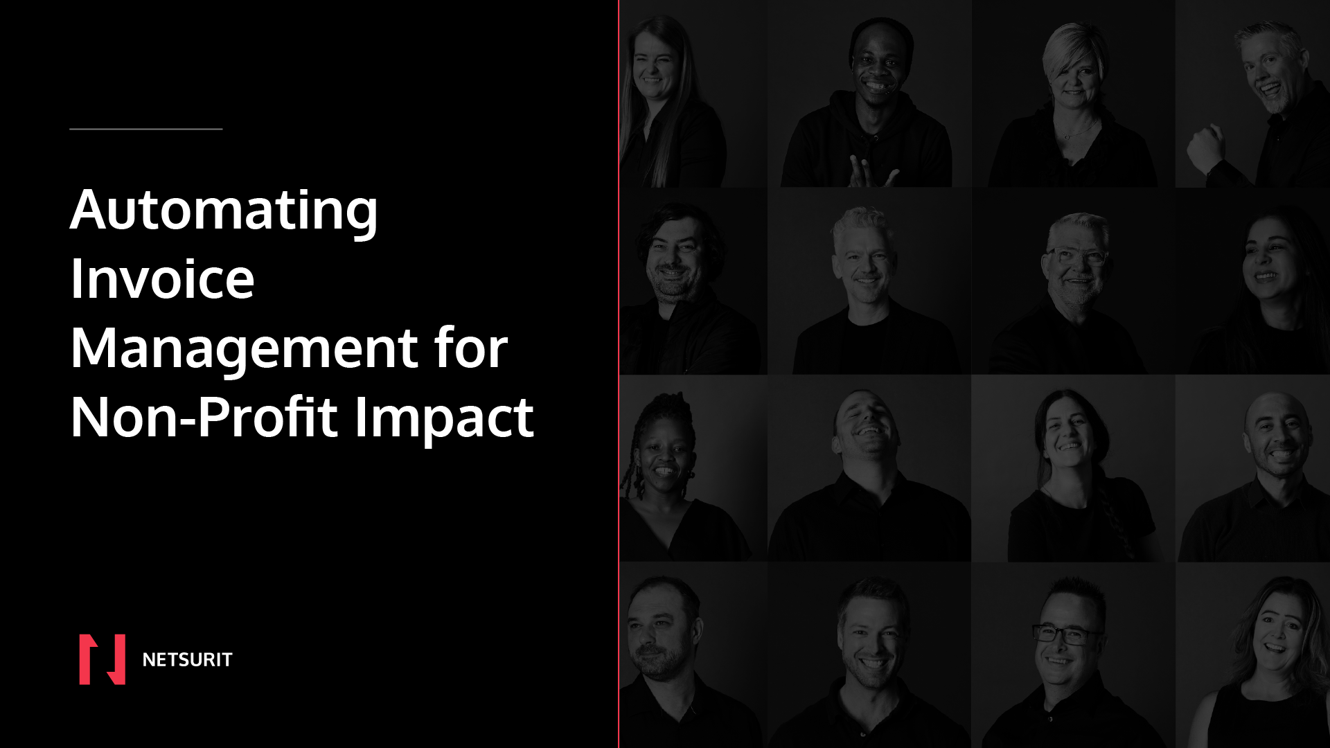 Hero banner promoting automated invoice management for non-profit impact, with Netsurit logo in the corner on a black background.