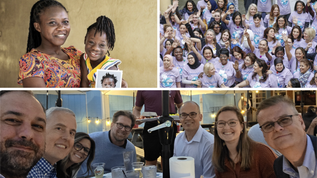 Collage of three photos: left shows a smiling woman with a child, center-right shows a large group of diverse volunteers in lavender Operation Smile shirts raising hands, bottom shows friends at a table taking a group selfie.