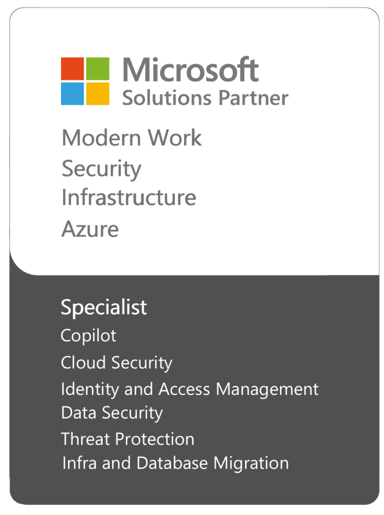 Microsoft Solutions Partner badge: Modern Work, Security, Infrastructure, Azure; Specialist topics listed below