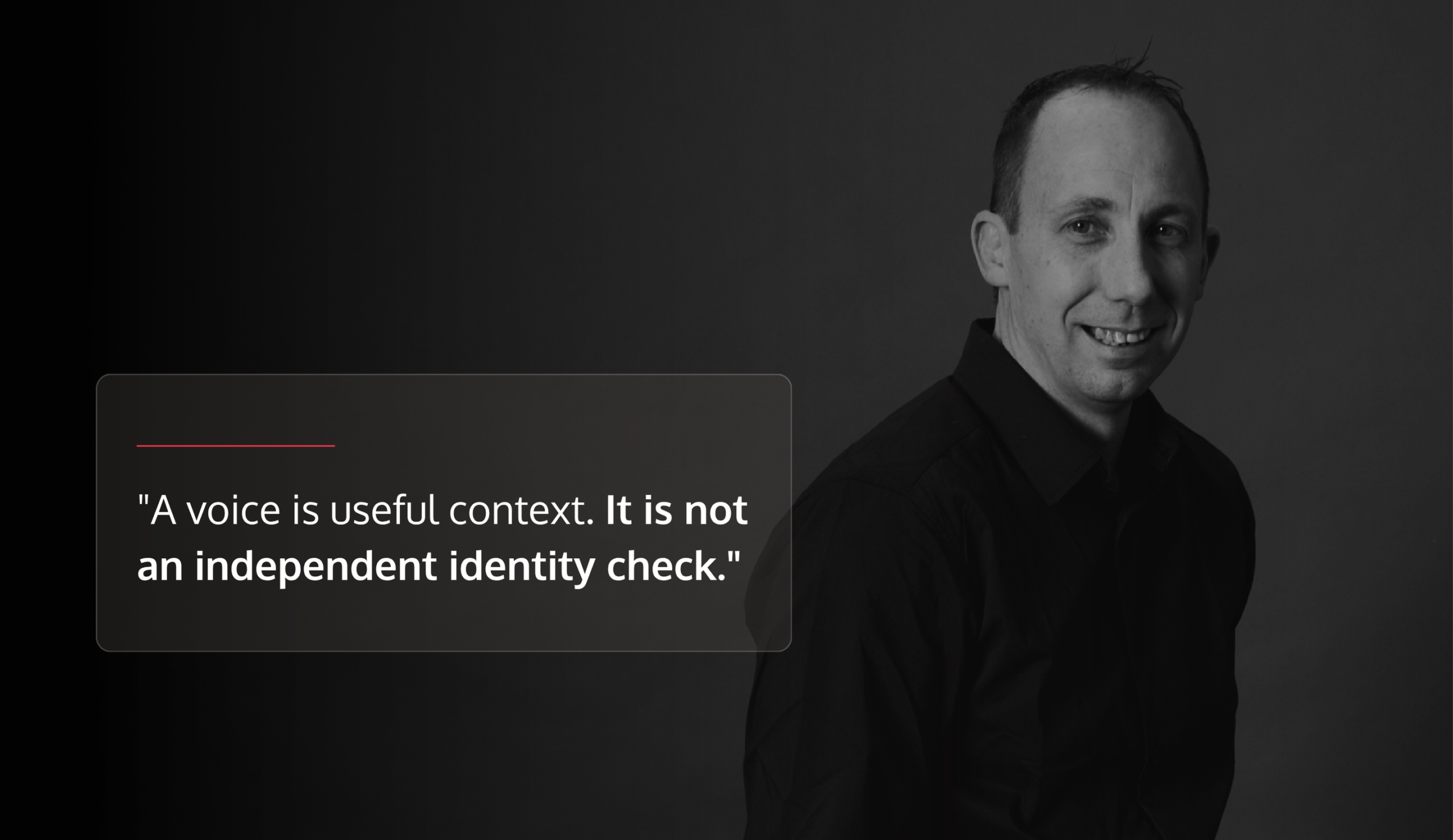 Black-and-white portrait of a smiling man with a translucent rounded-rectangle quote card overlaying the image.