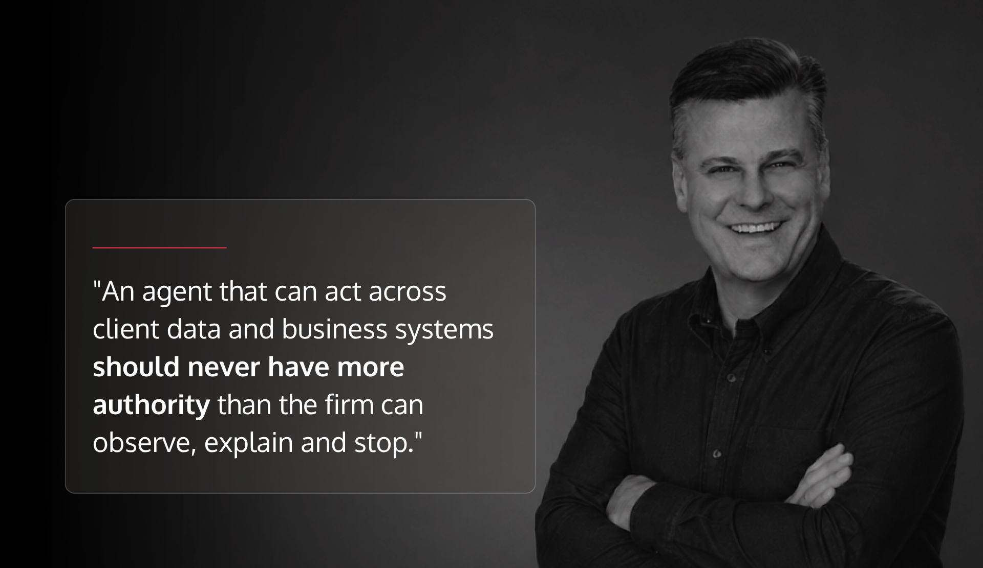 Smiling man in a dark shirt on the right; a translucent card on the left displays a quote with a red underline.