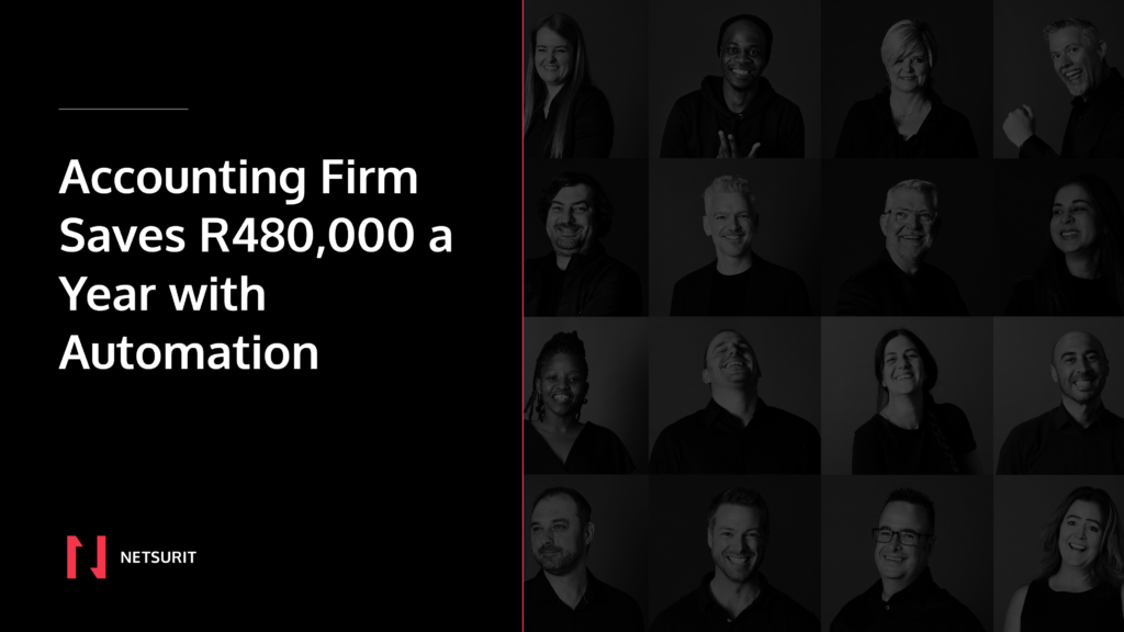 Hero split image: left panel with the headline 'Accounting Firm Saves R480,000 a Year with Automation' on black, and a Netsurit logo; right panel shows a grid of grayscale team portraits.
