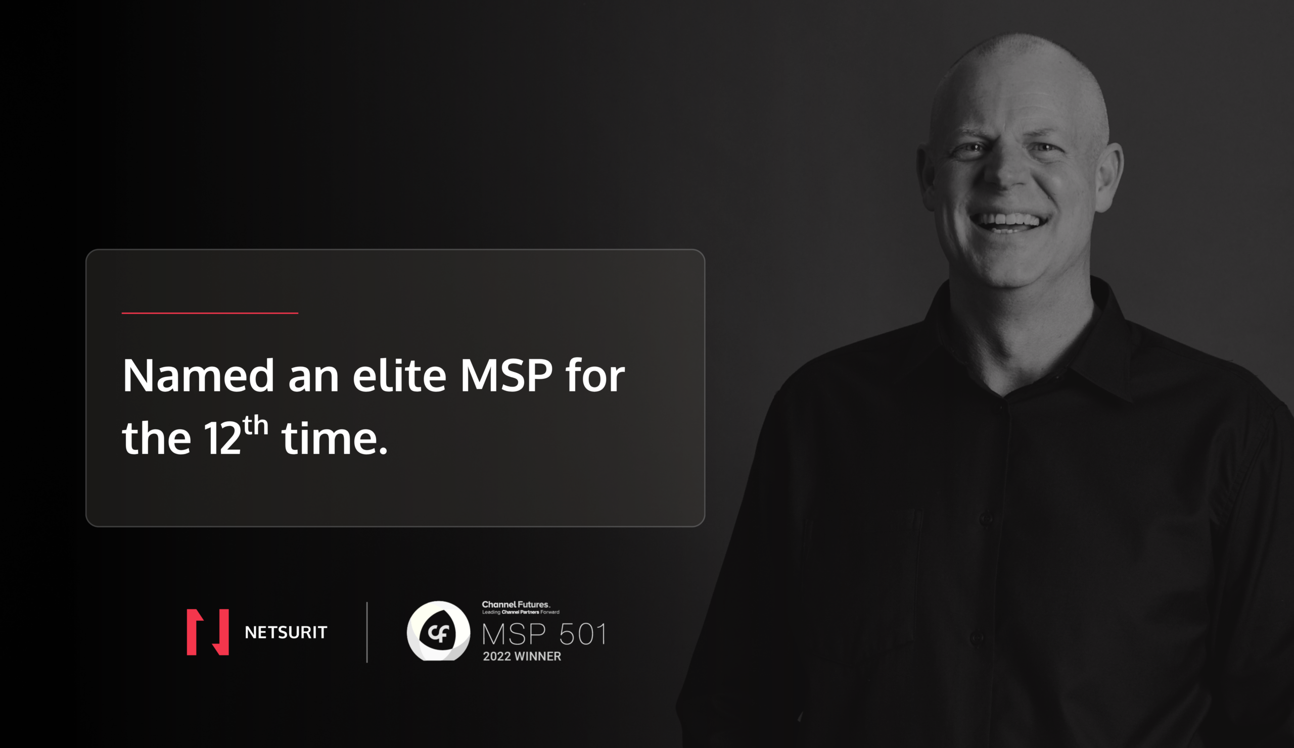 Banner with a smiling man on the right and the headline 'Named an elite MSP for the 12th time' on the left, plus brand logos at the bottom.