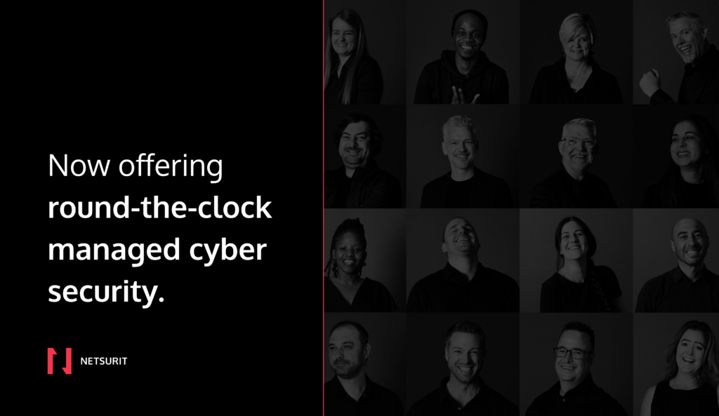Hero banner announcing 24/7 managed cyber security with Netsurit logo on a black left panel and a grayscale team-photo grid on the right.