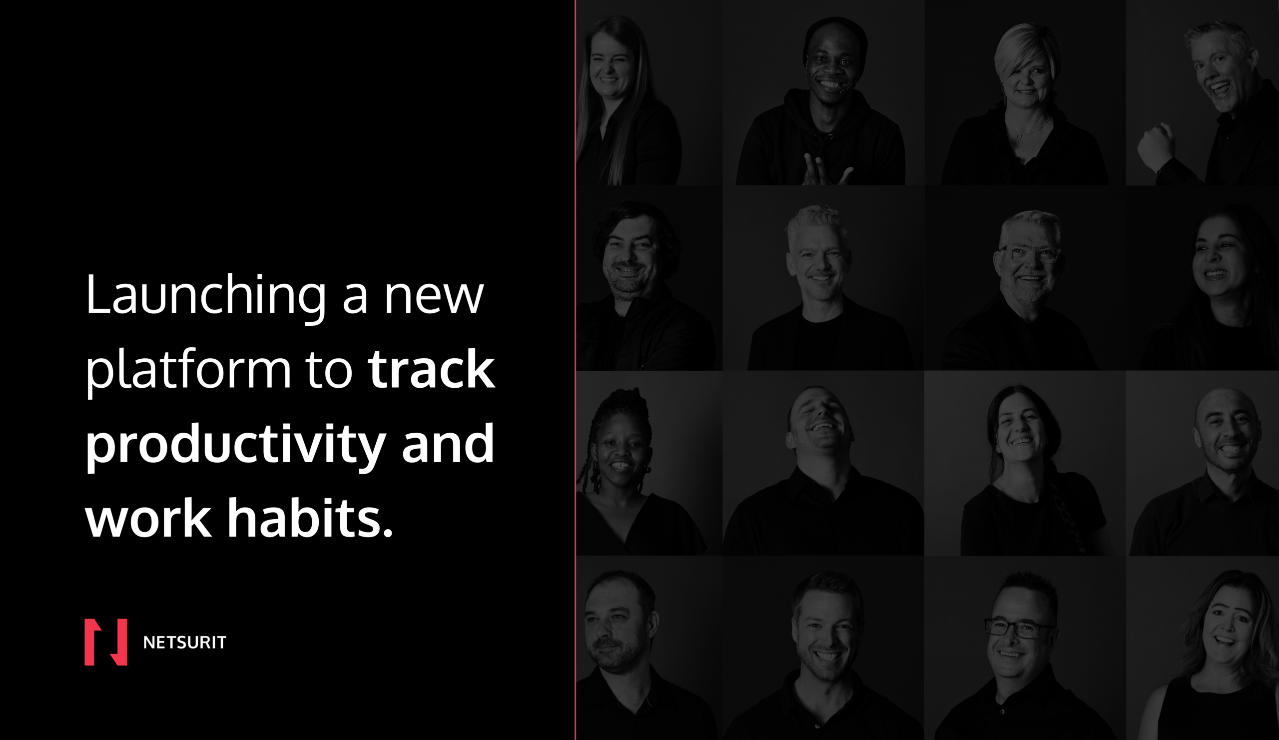Hero banner: left-side black panel with white text about launching a new platform; right-side grid of grayscale team photos.