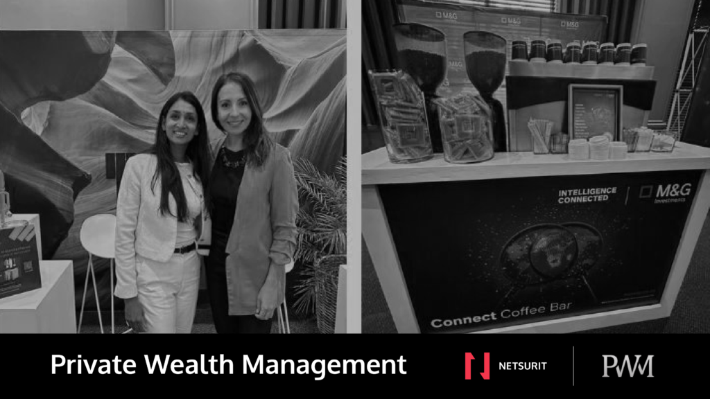 Two women posing at a trade show booth with an abstract backdrop (split image).