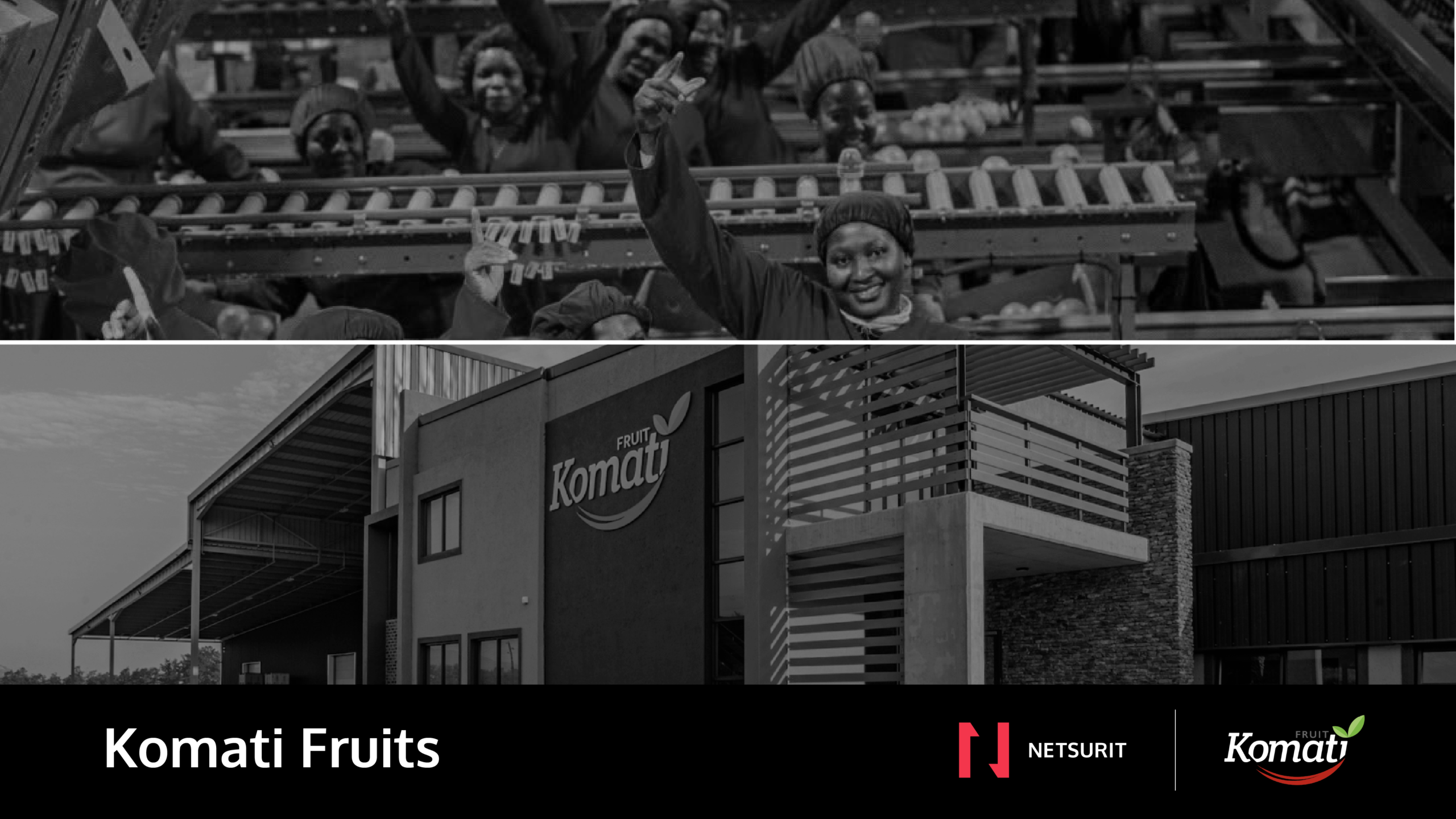 Group of workers on a fruit processing line inside a Komati Fruits facility, smiling and raising hands in celebration.