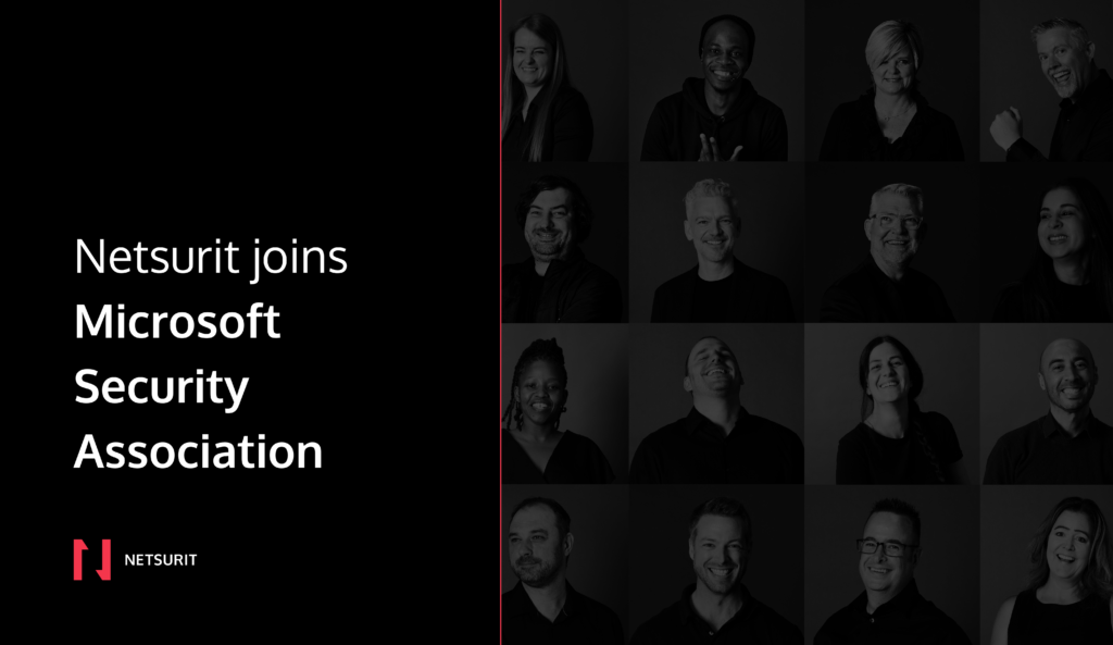 Announcement banner: Netsurit joins Microsoft Security Association; left side bold text on black, right side grayscale team headshots grid.