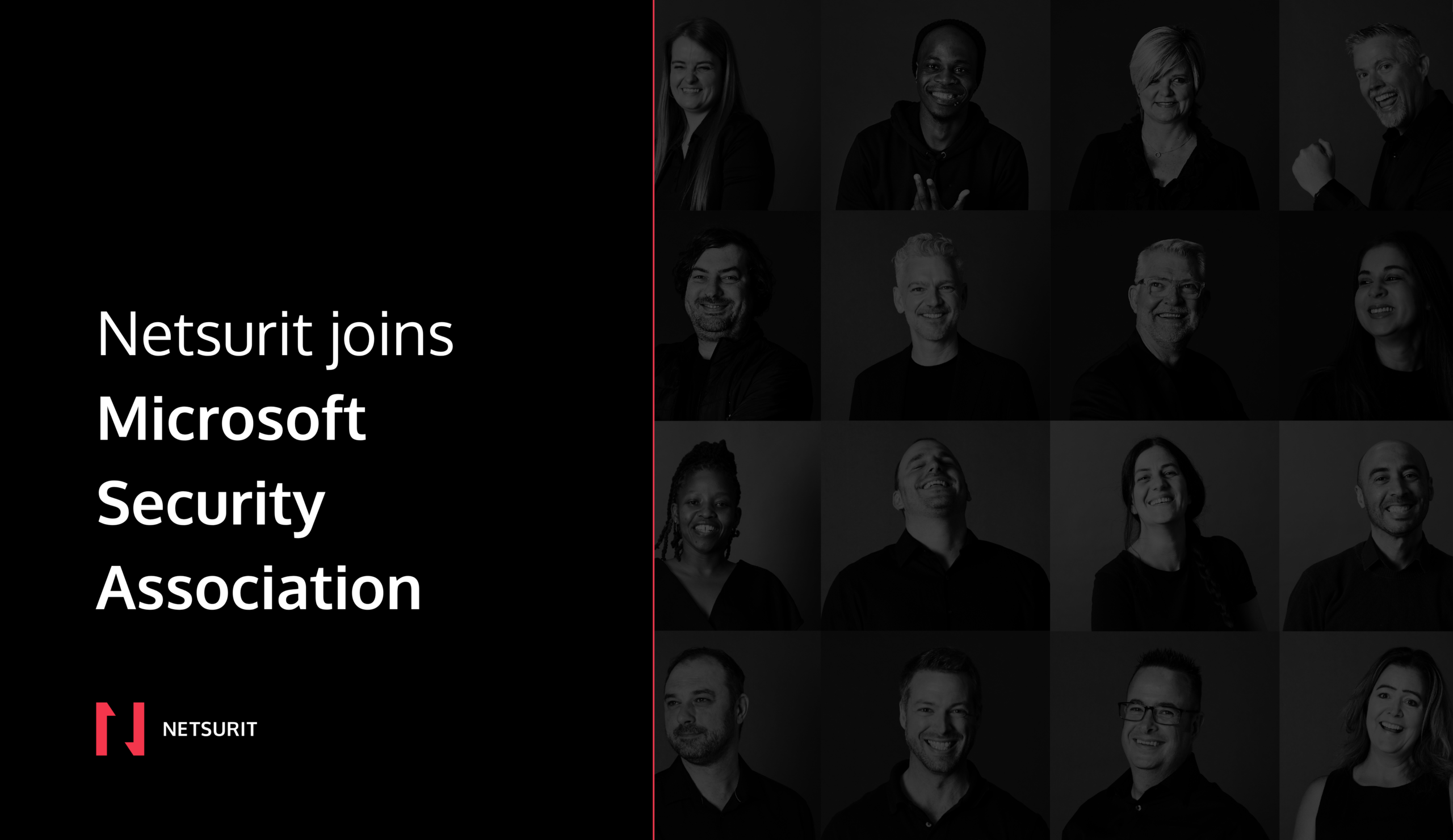Announcement banner: Netsurit joins Microsoft Security Association; left side bold text on black, right side grayscale team headshots grid.