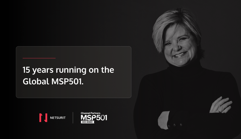 Smiling woman in a dark outfit on the right; overlay text reads '15 years running on the Global MSP501'.