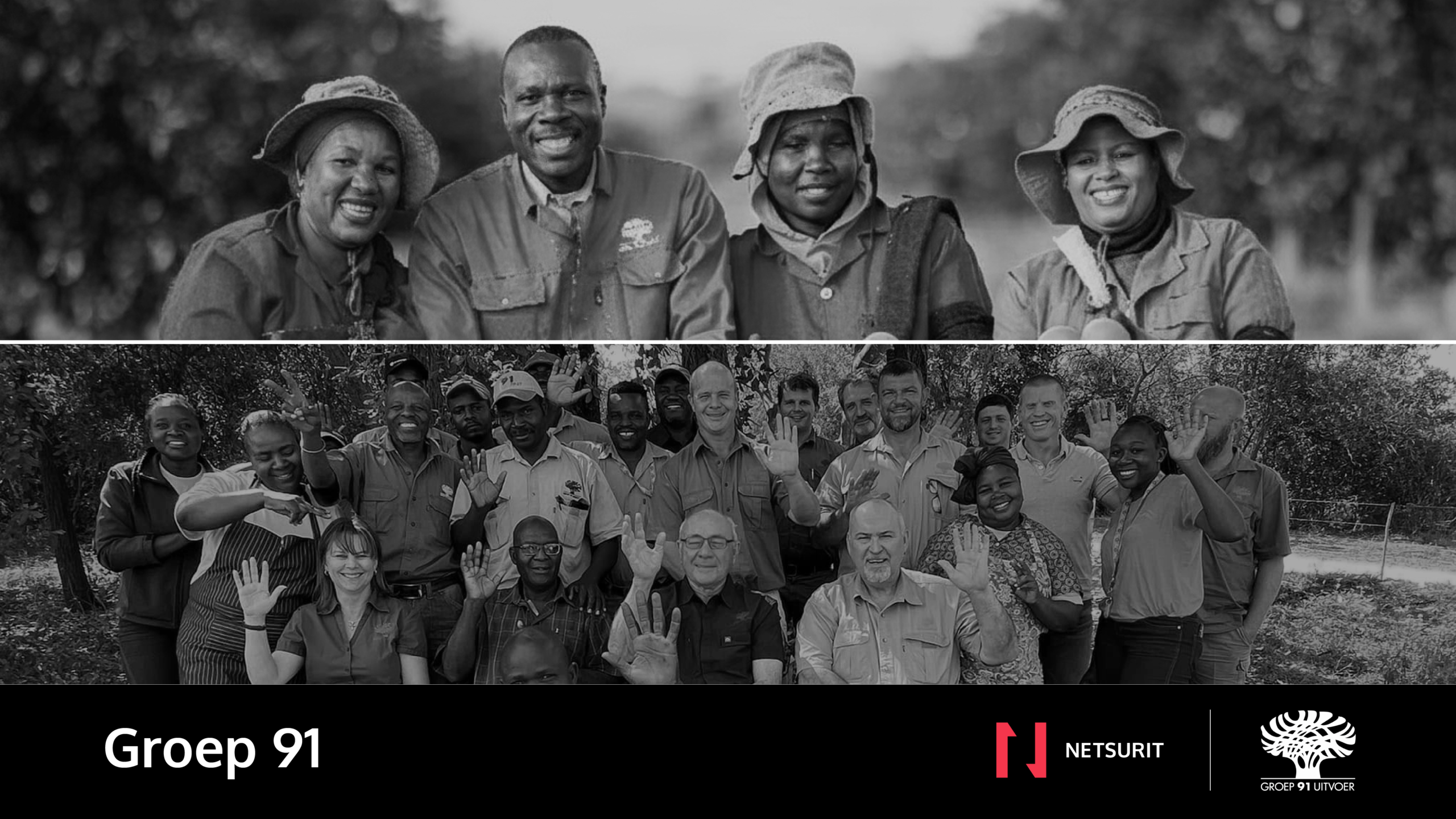 - Netsurit ZA - Netsurit ZA Black-and-white two-tier group photo of Groep 91 team outdoors.