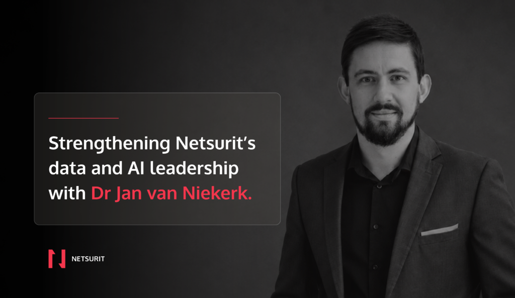 Promotional banner showing a man in a suit on the right and the title 'Strengthening Netsurit's data and AI leadership' on a dark panel.